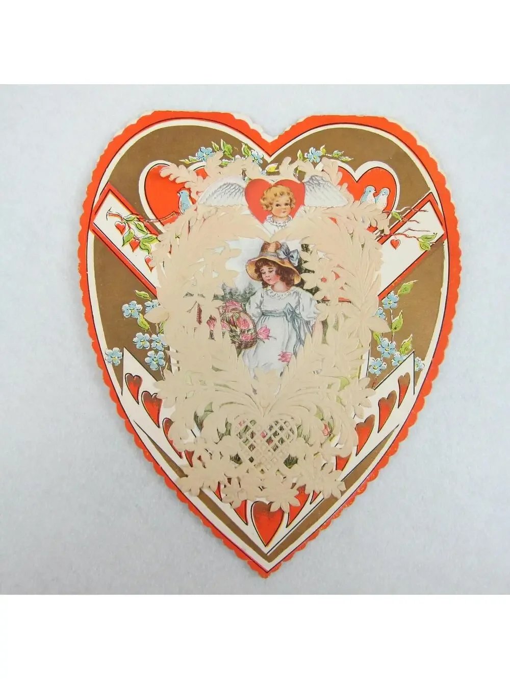 Vintage Valentine Card Whitney Made LARGE Heart Shape Red & Gold Girl in Bonnet